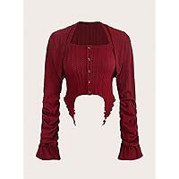 Women's Solid Flounce Sleeve Bolero Top & Button Front Halter Top (Color : Burgundy, Size : X-Small)