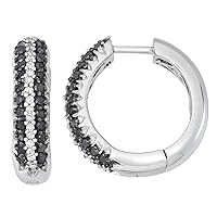 Mother's Day Gift For Her 1/2 Carat Total Weight (CTTW) Three-Row Natural Black/Blue and White Diamond Huggie hoop earrings in 925 Sterling Silver - Hoops for Women/Girls/Unisex
