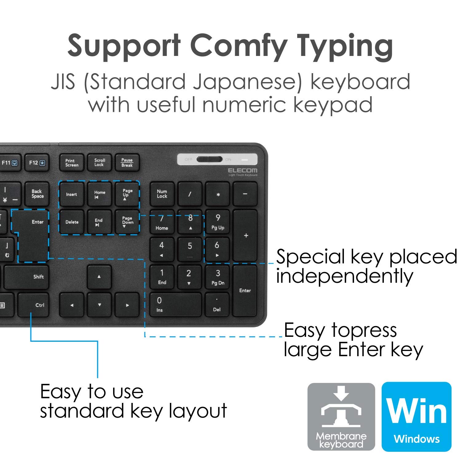 ELECOM Wireless Slim & Thin Keyboard/Standard Japanese Layout in Conformity with JIS Standard, with Numeric Keypad and Wireless Mouse/Black/TK-FDM110MBK