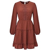 Ladies Round Neck Long Sleeve Solid Color Dress Neck Waist Lace Long Dress Fit and Flare Casual Dresses for Women
