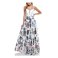 Womens White Floral Spaghetti Strap Full-Length Prom Fit + Flare Dress 11