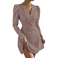Women's Dress Houndstooth Print Surplice Neck Dress Dresses for Women (Color : Coffee Brown, Size : X-Large)