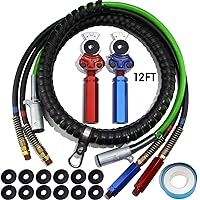 12FT Air Lines for Tractor Trailer, Air Hose for Semi Truck 3 in 1 ABS & Power Airlines Hose Wrap 7 Way Electrical Cable with 1 Pair Glad Hands 1 Pair Hex Grip 12pcs Seals and Teflon Tape