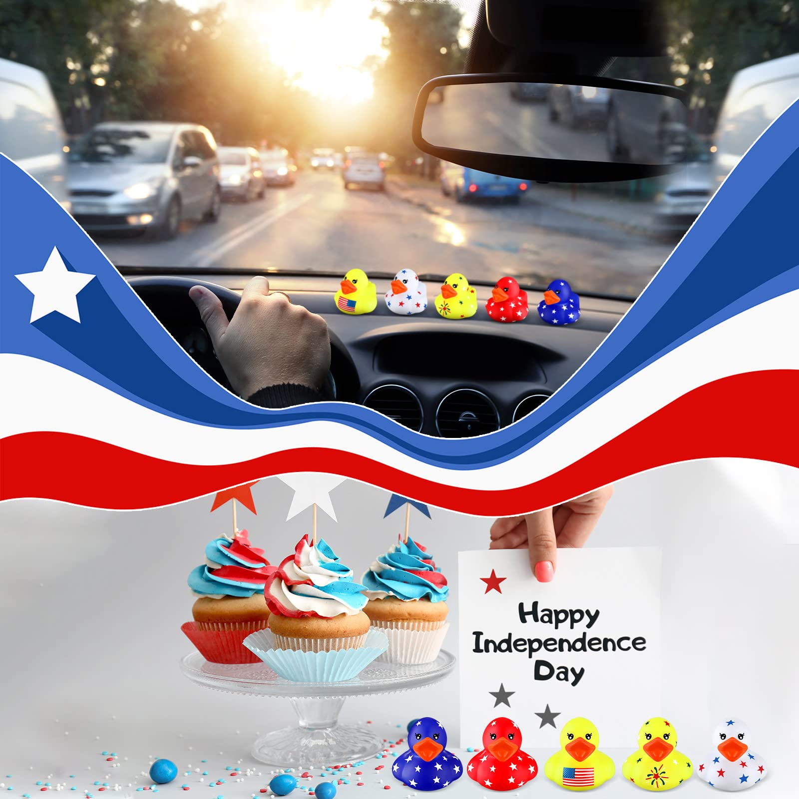 Yilloog 120 Pcs 2 Inch Independence Day Rubber Ducks Novelty Bulk American Flag Ducks Small Rubber Ducks Bath Toys for Cars Birthday Gifts Baby Showers Summer Beach and Pool