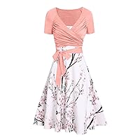 Women's 50s 60s Vintage Dress 2Pcs Set Floral Cami A-Line Party Dress & Wrap V-Neck Lace-Up Short Sleeve Crop Tops