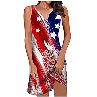 Women Summer Casual Midi Dress Round Neck Hollow Ring Sundresses America Flag Print Sleeveless Dress
