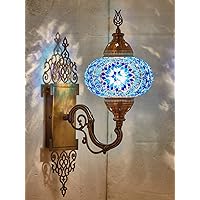 DEMMEX Turkish Moroccan Tiffany Style Mosaic Wall Sconce Lamp Light, Big Size Globe, Decorated Brass Body, Handmade, 15x5 Inches, Blue