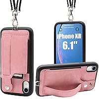 TOOVREN iPhone XR Wallet Case with Lanyard Strap Card Holder Xr iPhone Case Protective Cover with Stand Wallet Leather PU Adjustable Detachable iPhone Lanyard for iPhone XR 6.1 Inch (2018) (Pink)