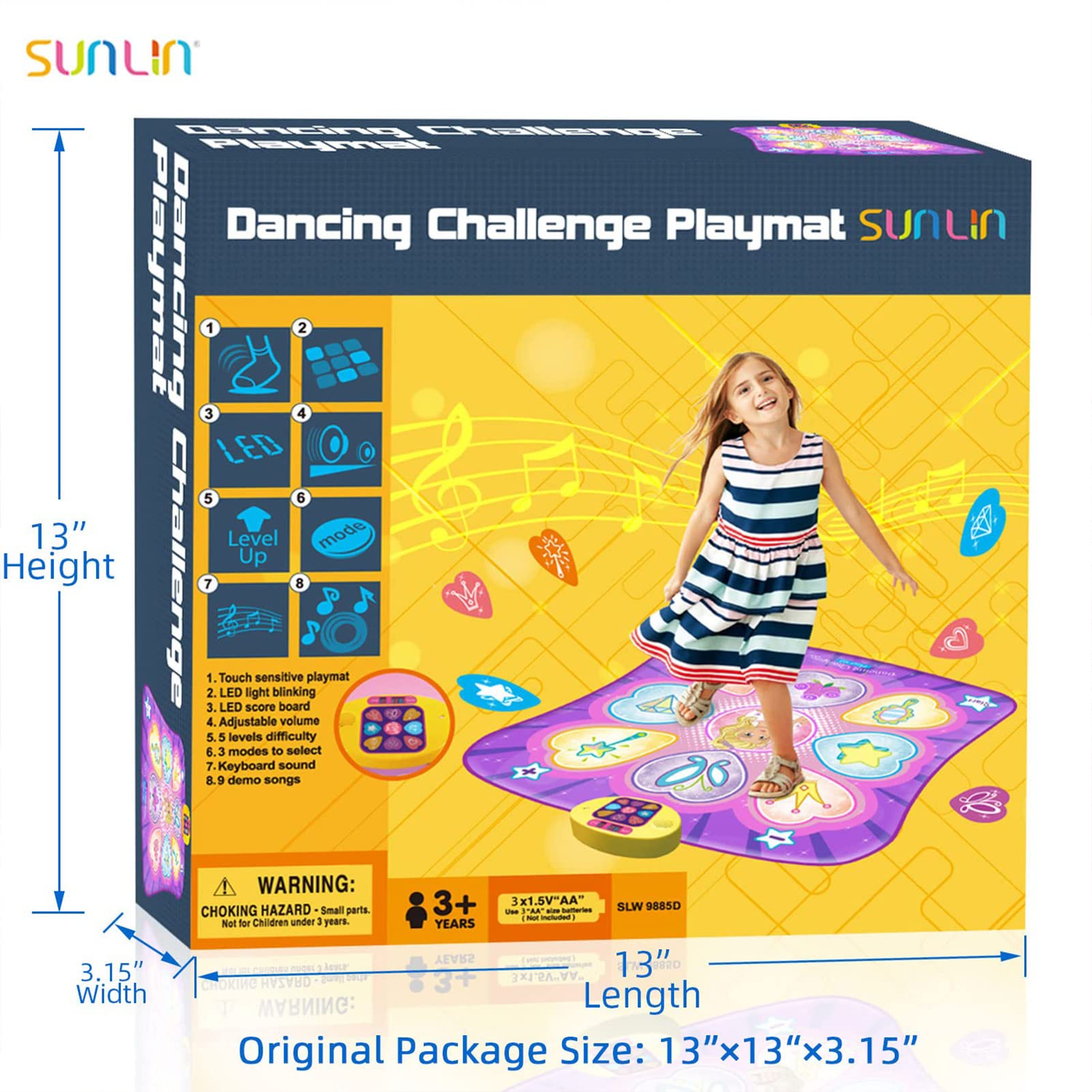 SUNLIN Dance Mat Toys for Girls Ages 3-10 | Dance Pad with LED Lights, Adjustable Volume, 9 Built-in Music, 7 Game Modes, 5 Challenge Levels | Christmas Birthday Gifts for 3 4 5 6 7 8+ Years Old Girl