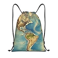 World Map Print Drawstring Backpack Waterproof Drawstring Bags Fashion Beach Bag for Men Women Medium