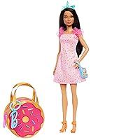 Barbie Premium Pink Doughnut Fashion Bag, Pink Dress, Orange Heels, and Accessories