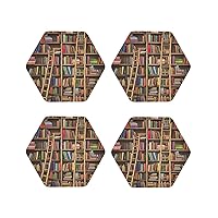 Funny Book Shelves Collection and Ladder Leather Coasters Set of 4 Waterproof Heat-Resistant Drink Coasters Hexagon Cup Mat for Living Room Kitchen Bar Coffee Decor