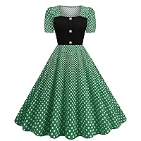 Women 50s 60s Swing Dress Breasted Decoration Vintage Short Sleeve Cocktail A-Line Dress Polka Dot 1950s Prom Dress