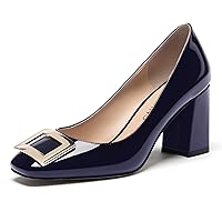 WAYDERNS Women's Square Toe Solid Patent Slip On Block High Heel Pumps Shoes 3 Inch