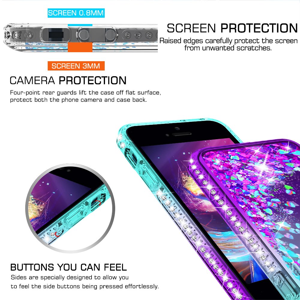 LeYi Compatible with iPhone SE 2016 Case (Not fit SE 2020!!), iPhone 5S Case, iPhone 5 Case with 2pcs Tempered Glass Screen Protector, Glitter Case for iPhone 5, Teal/Purple