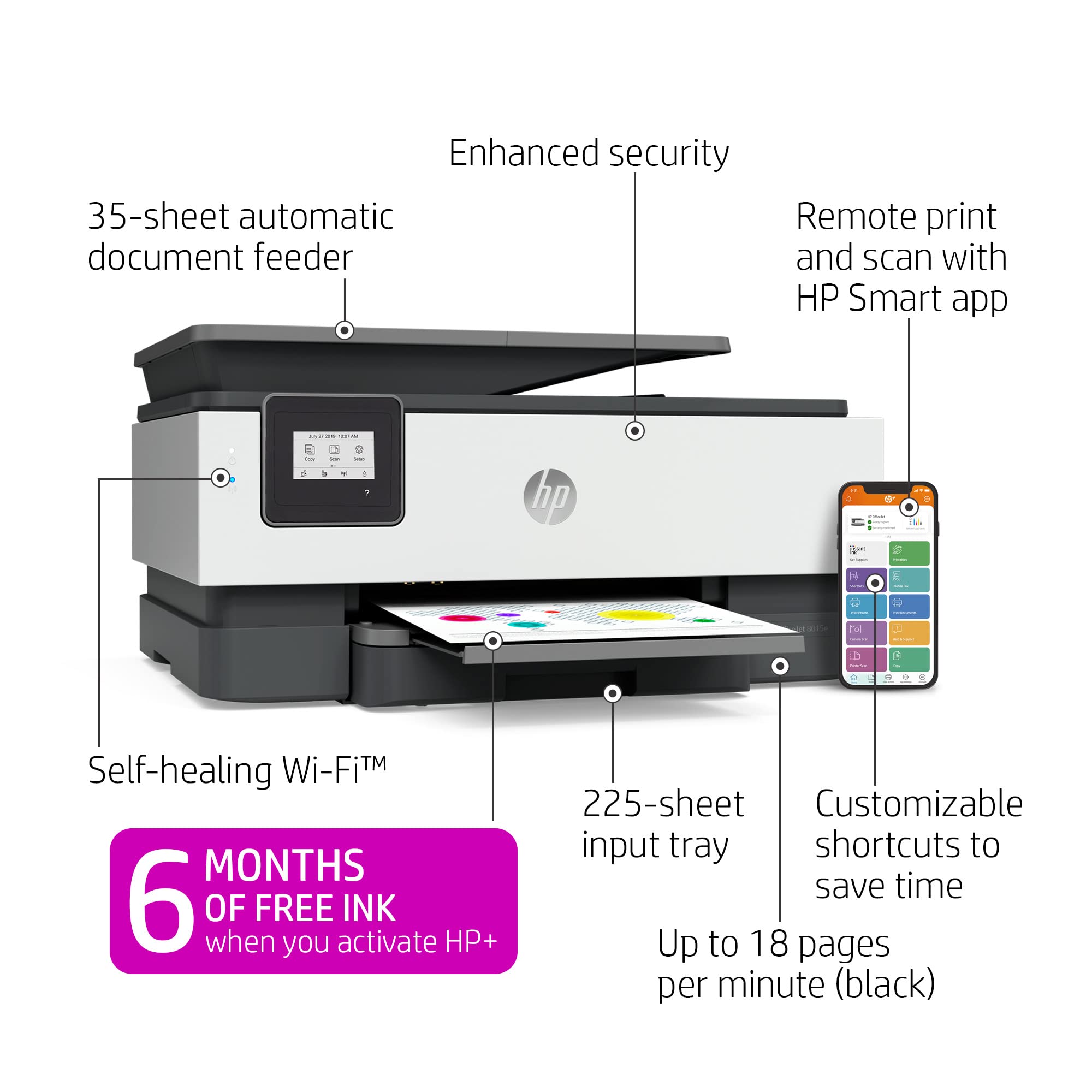 HP OfficeJet 8015e Wireless Color All-in-One Printer with 6 Months Free Ink with HP+(228F5A), White