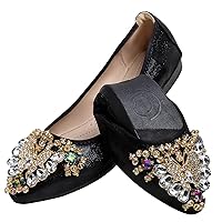 Women's Ballet Flat Shoes - Cute Rhinestones Bow Wedding Flats Slip on Flats for Women Comfortable