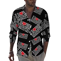 I Love Heart Math Casual Long Sleeve Shirts for Men Lapel Button-Down Top T-Shirts Pocket Tees