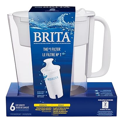 Brita Water Filter Pitcher for Tap and Drinking Water with 1 Standard Filter, Lasts 2 Months, 5-Cup Capacity, BPA Free, White