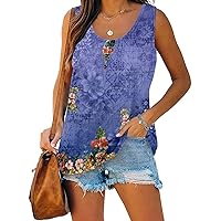 Tank Top for Women Summer Vintage Sleeveless Button Down Scoop Neck Blouse Trnedy Printed Shirts