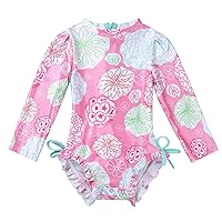 FEESHOW Baby Girls Floral One Piece Long Sleeve Rash Guard Swimsuit Shirt with Ruffle Bloomers Swim Briefs Set
