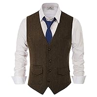 PJ PAUL JONES Men's British Herringbone Tweed Vest Casual Wool Blend Waistcoat with Pockets