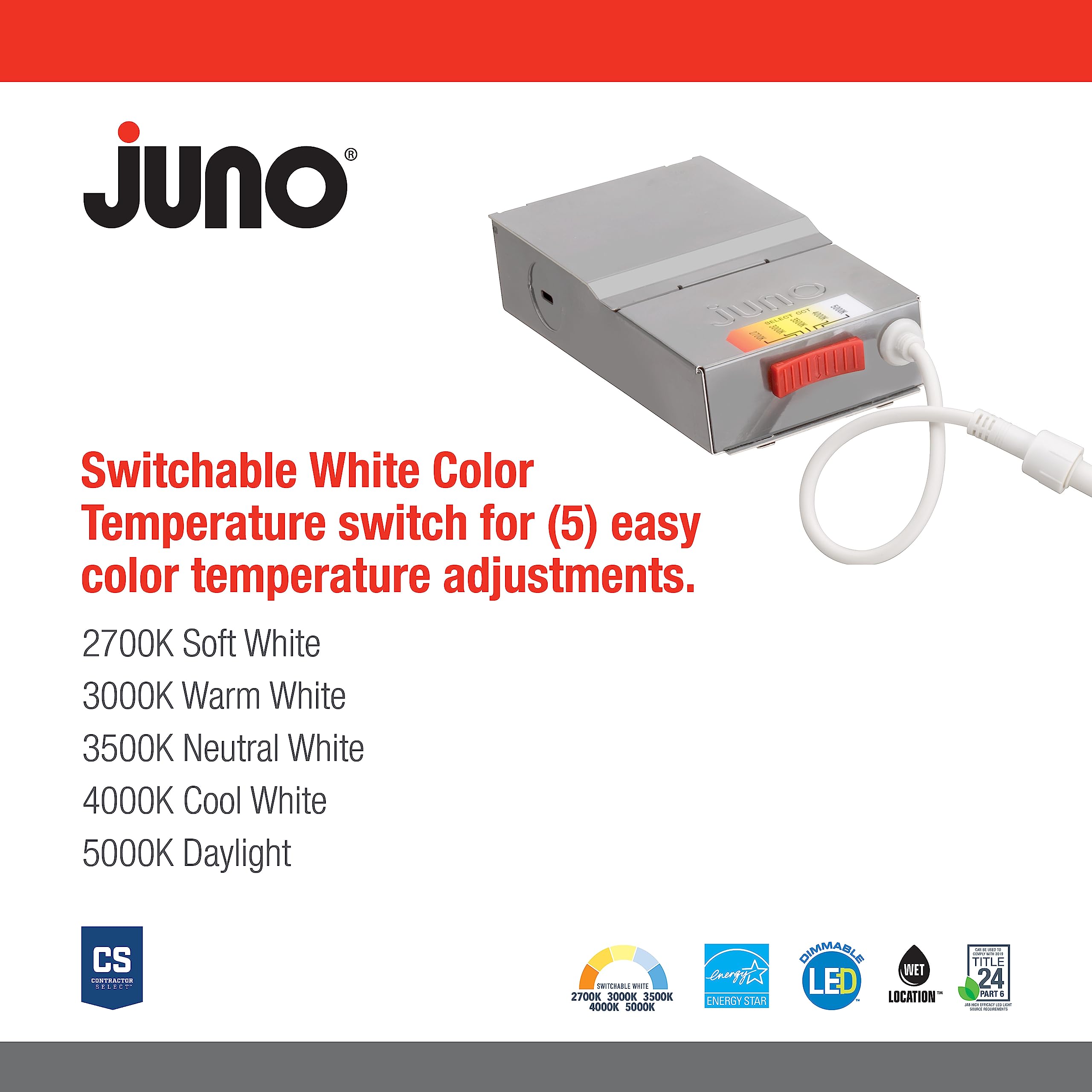 Juno WF6 ADJ SWW5 90CRI MW M6 Wafer-Thin LED Downlight, Adjustable Trim, Switchable CCT 2700K, 3000K, 3500K, 4000K, and 5000K, 90+ CRI, Matte White, 6-Inch