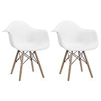 CangLong Natural Wood Legs Mid Century Modern Molded Shell Lounge Plastic Arm Chair for Living, Bedroom, Kitchen, Dining, Waiting Room,2 PCs Pack- White, Set of 2, White