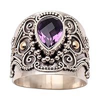 NOVICA Artisan Handmade 18k Gold Accent Amethyst Cocktail Ring Ornate Balinese Silver with Accents Sterling Single Stone Indonesia Gemstone 'Checkerboard Teardrop'