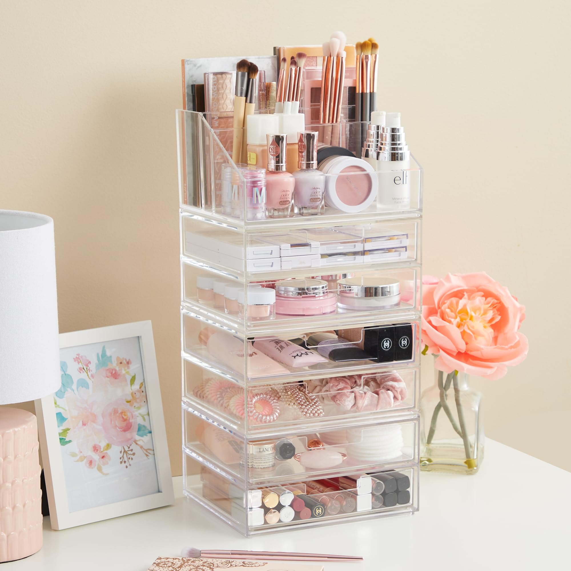 STORi Chloe Stackable Clear Makeup Holder and Double Organizer Drawer Set | Organize Cosmetics and Beauty Supplies | Made in USA