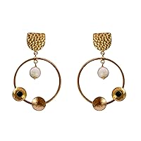 10mm Round Pearl Beads & Round Green Stone Hammered Finish Gold Plated Round Circle Brass Earrings, Modern Statement Dangle Earrings