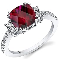PEORA Created Ruby Ring for Women 14K White Gold with Genuine White Topaz, Designer 3 Carats Cushion Cut 8mm, Comfort Fit, Sizes 5 to 9