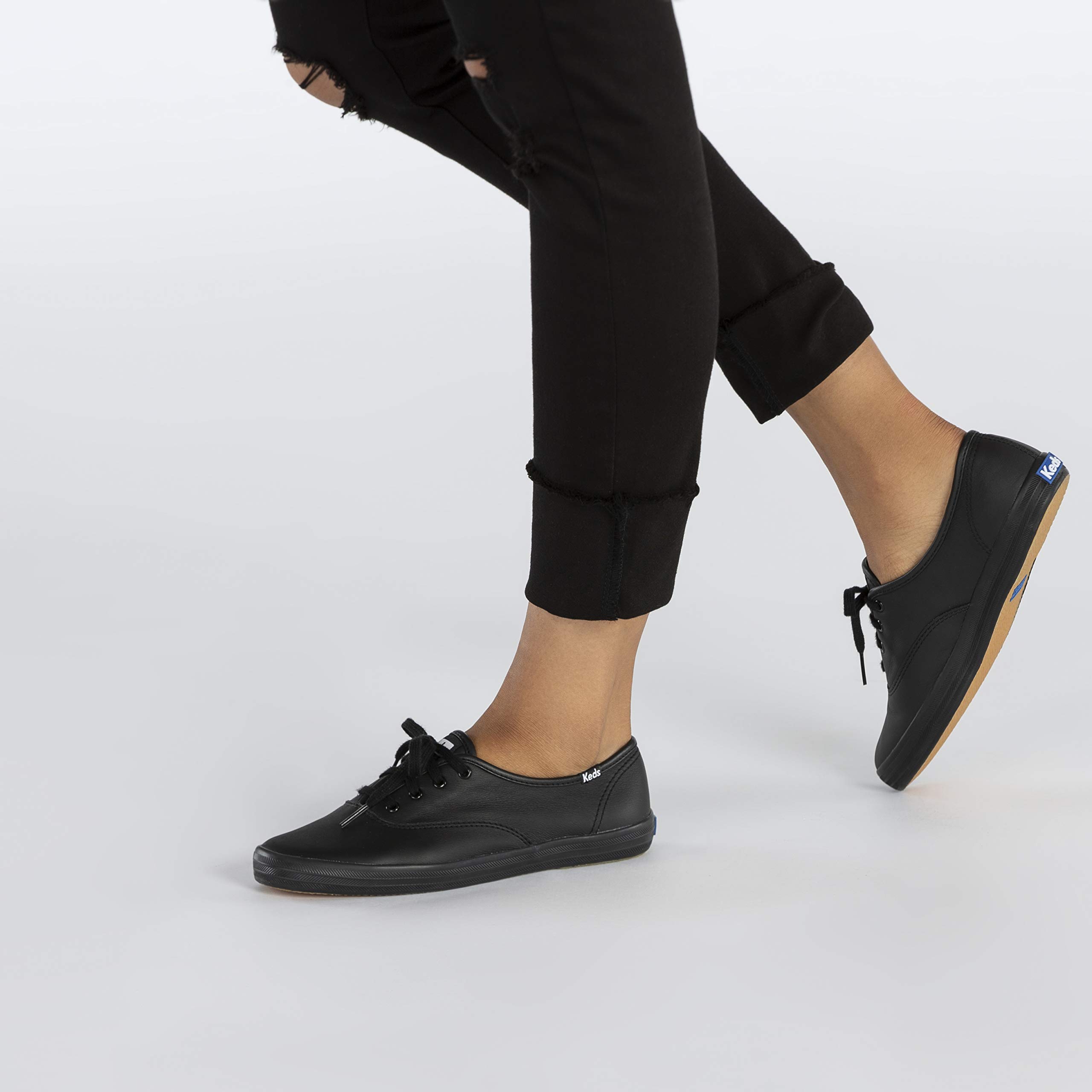 Keds Women's Champion Original Leather Lace-Up Sneaker, Black/Black, 13 Narrow US