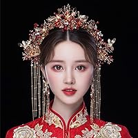 Chinese Wedding Bride Hair Accessory Chinese Crown Wedding Hair Accessories Red Flower Floral Beaded Flapper Headband Jeweled Bridal Wedding Tiara