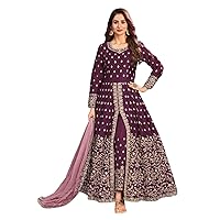 Gorgeous Art Silk Indian Embroidery Pants Style Front Cut Anarkali Party Wedding Heavy Dress 1427