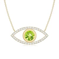 Natural Peridot Evil Eye Pendant Necklace with Diamond for Women in Sterling Silver / 14K Solid Gold