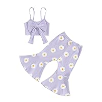 Emmababy Toddler Girl Bell Bottoms Outfit Daisy Print Wide Leg Pants Ribbed Knit Crop Top Bowknot Tank Top Ruffle Flare Pants