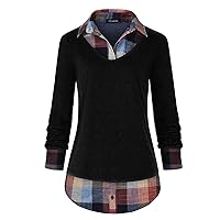 Oyamiki Women's Casual Collared Curved Hem 2 in 1 Pullover Tops Plaid Contrast Shirt Blouse