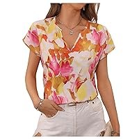SOLY HUX Women's Allover Print Notched V Neck Short Sleeve Summer Blouse Top
