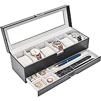 ProCase Watch Box Organizer for Men, 6 Slot Watch Display Case with Drawer, Christmas Gift Mens Watch Box Watch Case Holder, 6 Watch Box Double-layer Jewelry and Watch Storage Case -Black