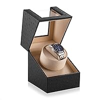 Automatic Single Watch Winder in Black Ostrich Pattern Leather with Japanese Quiet Motor，AC Adapter or Battery Powered