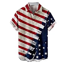 Men's Hawaiian Shirt Vintage American Flag Short Sleeve Printed Button Down Casual Patriotic Shirts Summer Beach Dress Shirts