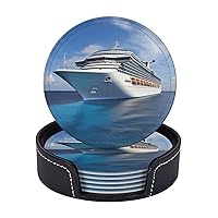 Coasters for Drinks 6 Pcs Round Leather Coasters Cruise Ship Drink Coasters with Holder Waterproof Coaster Sets Heat Resistant Cup Pads Mug Cup Mats for Kitchen Bar Living Room Home Decor
