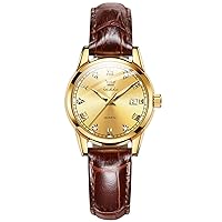 OLEVS Watches for Women Small Dial Date Minimalist Watch, Brown Leather Gold Bezel Watches, Women's Mini Slim Stainless Steel Watch Three-Hand