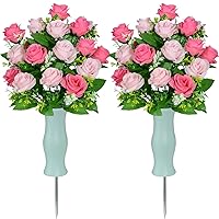 Artificial Cemetery Flowers with Vase, Headstone Flowers Rose Bouquet, Graveyard Memorial Flowers for Grave Arrangements Set of 2 (Pink)