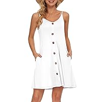 WNEEDU Women's Summer Spaghetti Strap Button Down V Neck Casual Beach Cover Up Dress with Pockets (L, White)