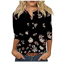 Womens 3/4 Length Sleeve Tops Casual Summer Button Down Printed Shirts Loose Fit 2024 Trendy Tees Blouse