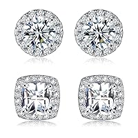 18K White Gold Plated Round Square Cubic Zirconia Simulated Diamond Halo Stud Earrings