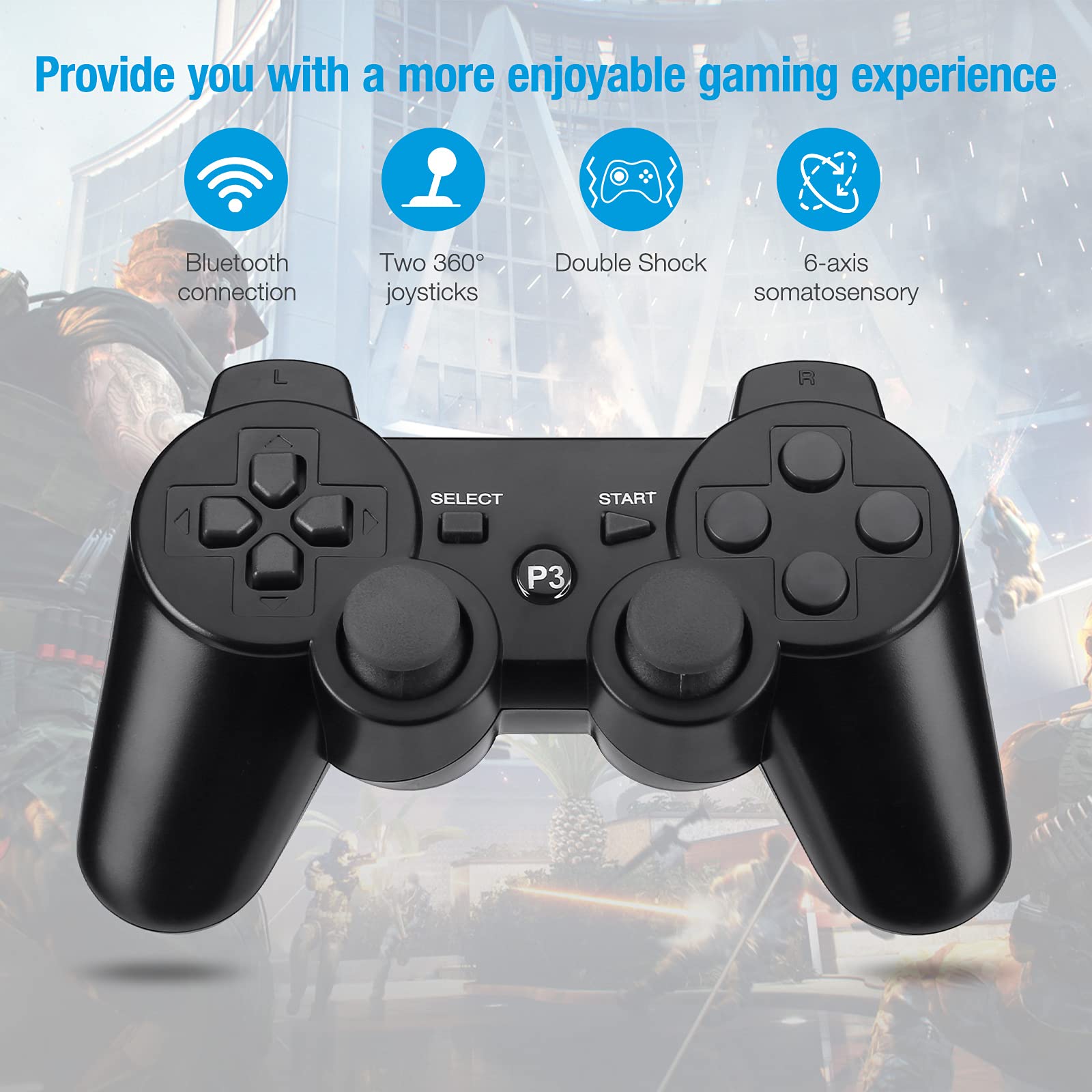 Powerextra Wireless Controller Compatible with PS-3, 2 Pack High Performance Gaming Controller with Upgraded Joystick for Play-Station 3 (Black)