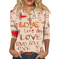 Valentine's Day Shirt Women Plus Size Henry Collar Love Heart Graphic Tees Letter Print 3/4 Sleeve Tops Blouse